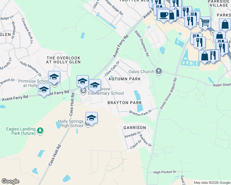 map of restaurants, bars, coffee shops, grocery stores, and more near 5149 Mabe Drive in Holly Springs