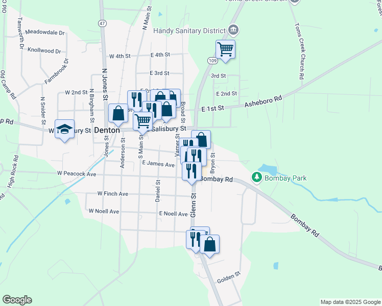 map of restaurants, bars, coffee shops, grocery stores, and more near 17980 North Carolina 109 in Denton