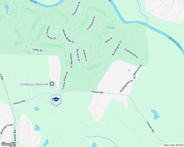 map of restaurants, bars, coffee shops, grocery stores, and more near 1133 Neuse Ridge Drive in Clayton