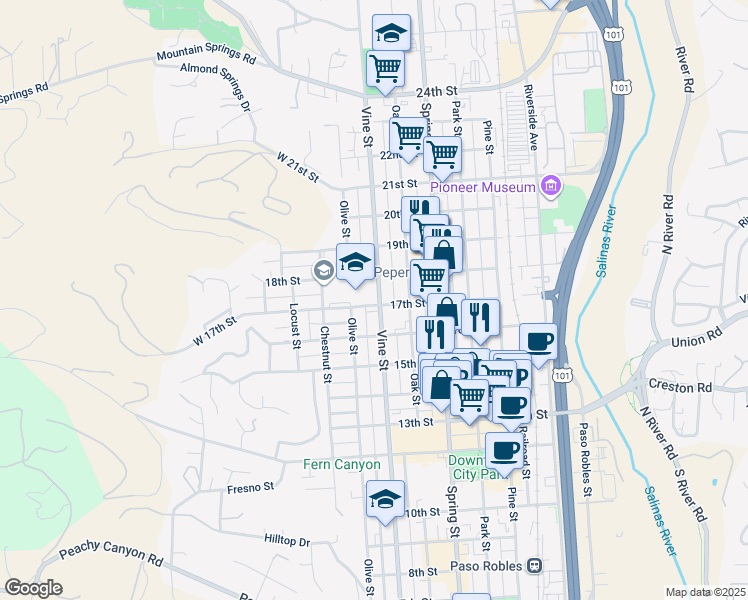 map of restaurants, bars, coffee shops, grocery stores, and more near 401 Vine Street in Paso Robles