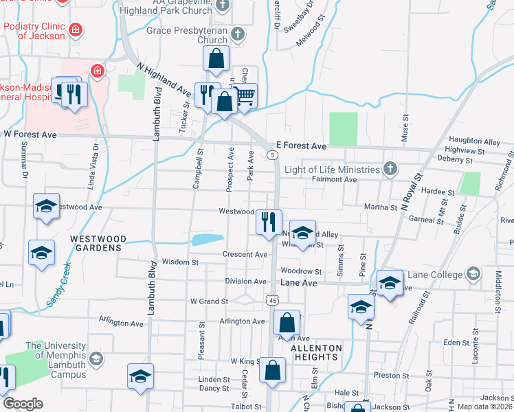 map of restaurants, bars, coffee shops, grocery stores, and more near 118 Roland Avenue in Jackson