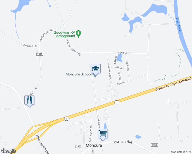 map of restaurants, bars, coffee shops, grocery stores, and more near 600 Moncure School Road in Moncure