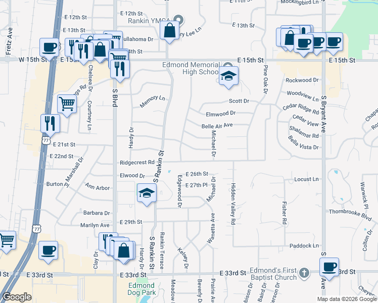 map of restaurants, bars, coffee shops, grocery stores, and more near 617 Reynolds Road in Edmond