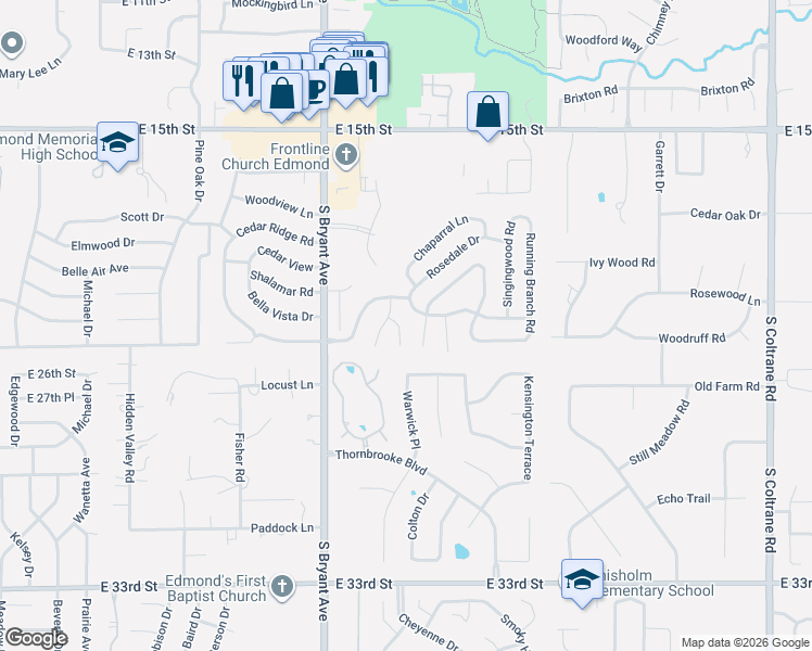 map of restaurants, bars, coffee shops, grocery stores, and more near 1801 Woodland Road in Edmond
