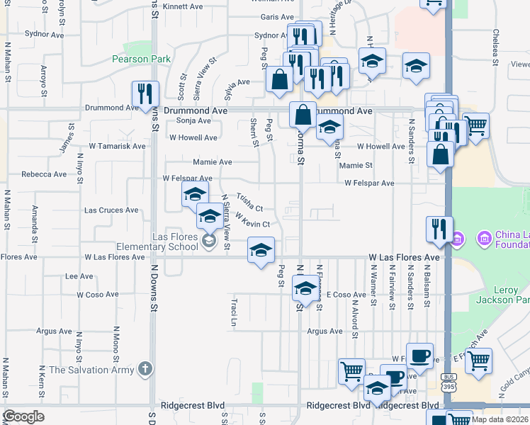 map of restaurants, bars, coffee shops, grocery stores, and more near 544 Trisha Court in Ridgecrest