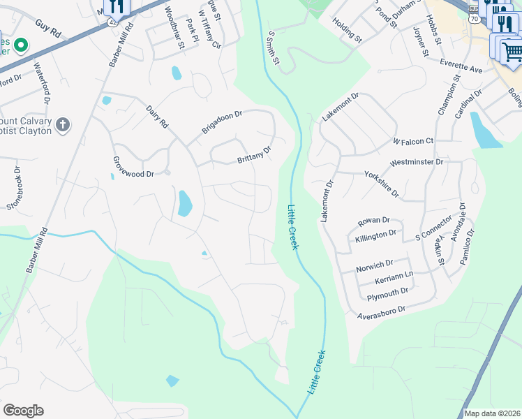 map of restaurants, bars, coffee shops, grocery stores, and more near 664 Rolling Creek Circle in Clayton
