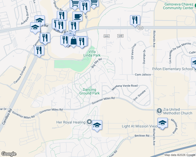 map of restaurants, bars, coffee shops, grocery stores, and more near 4121 New Moon Circle in Santa Fe