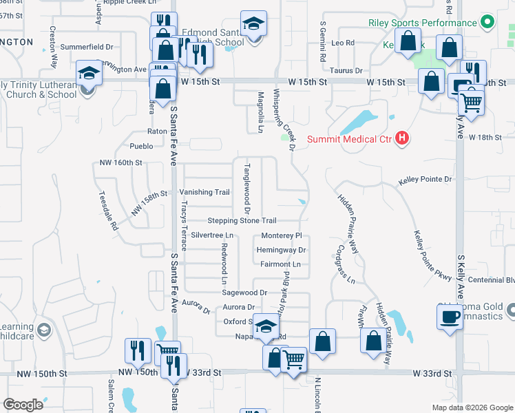 map of restaurants, bars, coffee shops, grocery stores, and more near 2116 Tanglewood Drive in Edmond