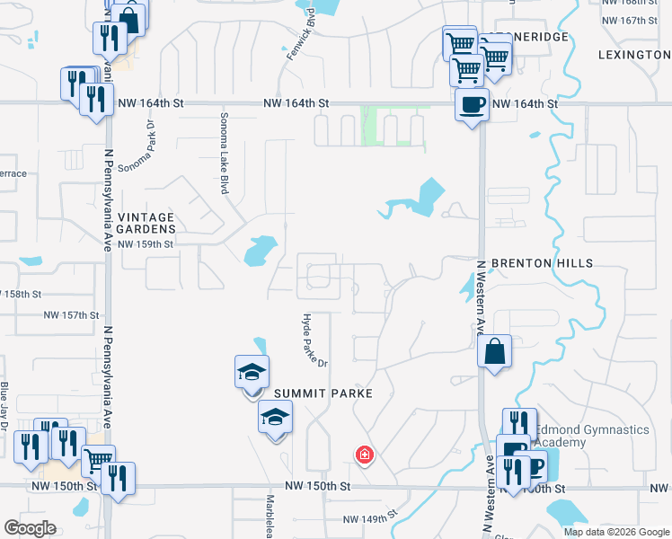 map of restaurants, bars, coffee shops, grocery stores, and more near 1409 Northwest 158th Street in Edmond