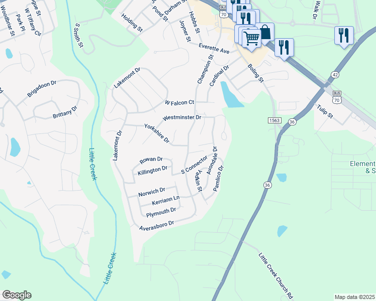 map of restaurants, bars, coffee shops, grocery stores, and more near 721 Champion Street in Clayton