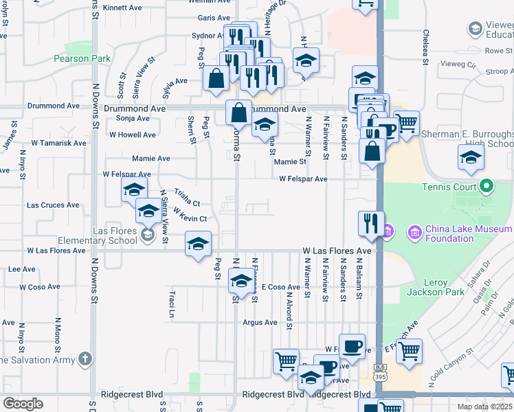 map of restaurants, bars, coffee shops, grocery stores, and more near 625 North Norma Street in Ridgecrest