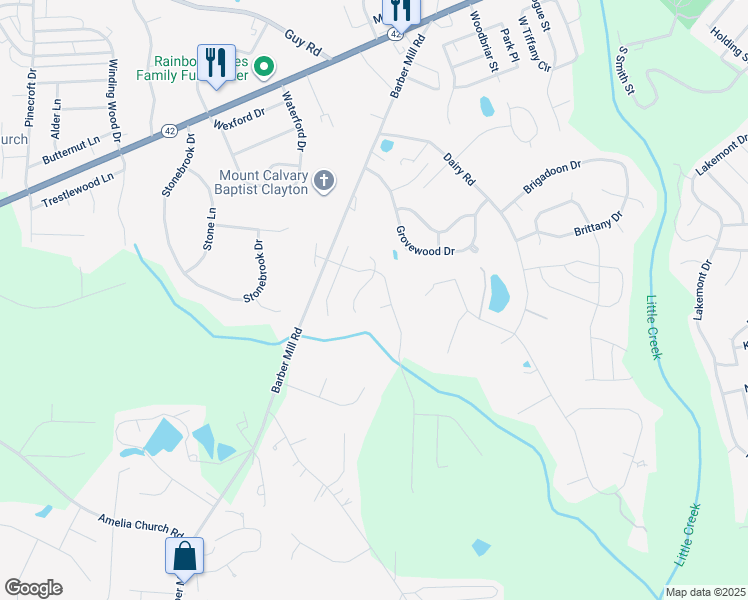 map of restaurants, bars, coffee shops, grocery stores, and more near 109 Shauna Circle in Clayton