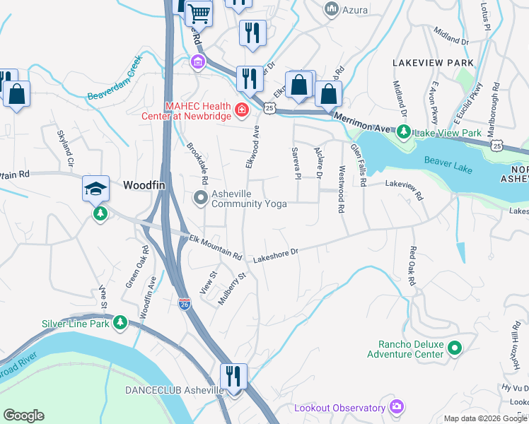 map of restaurants, bars, coffee shops, grocery stores, and more near 15 Ginell Circle in Asheville