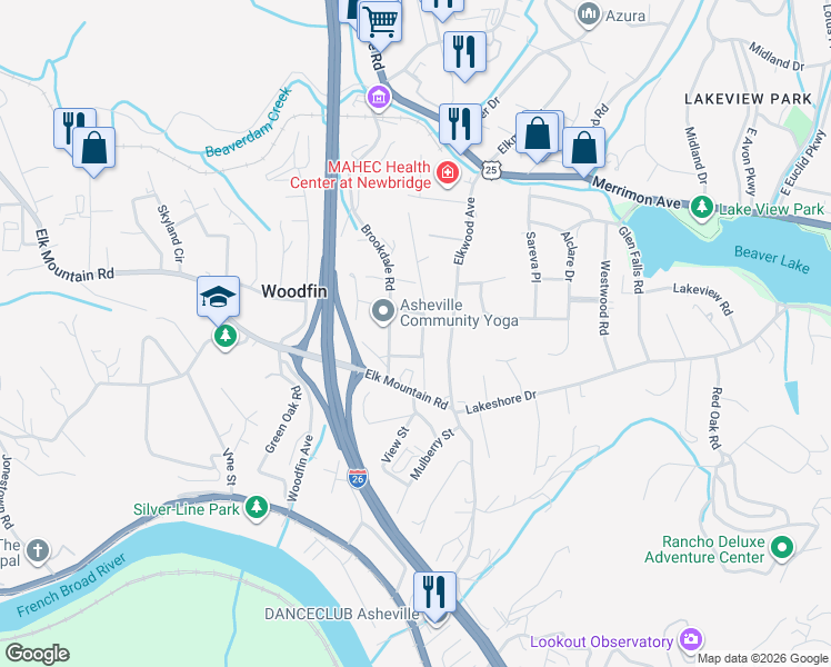 map of restaurants, bars, coffee shops, grocery stores, and more near 19 Brookdale Road in Woodfin