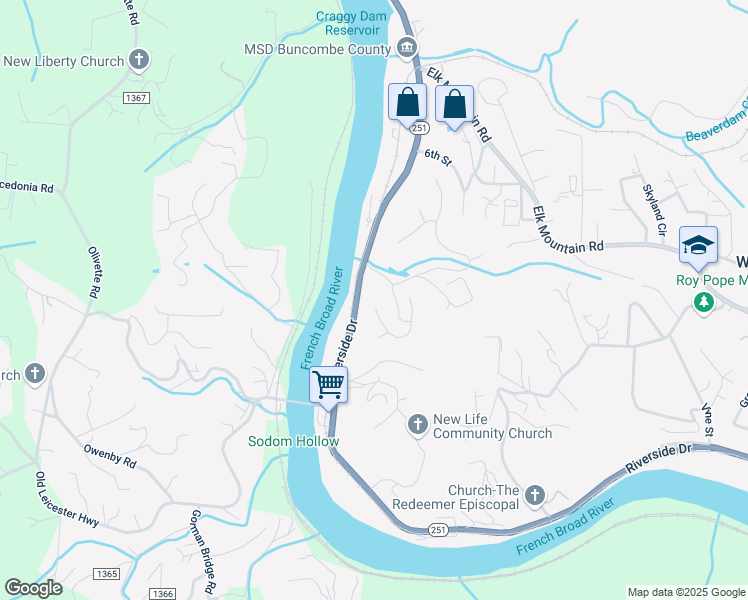 map of restaurants, bars, coffee shops, grocery stores, and more near 1641 Riverside Drive in Woodfin