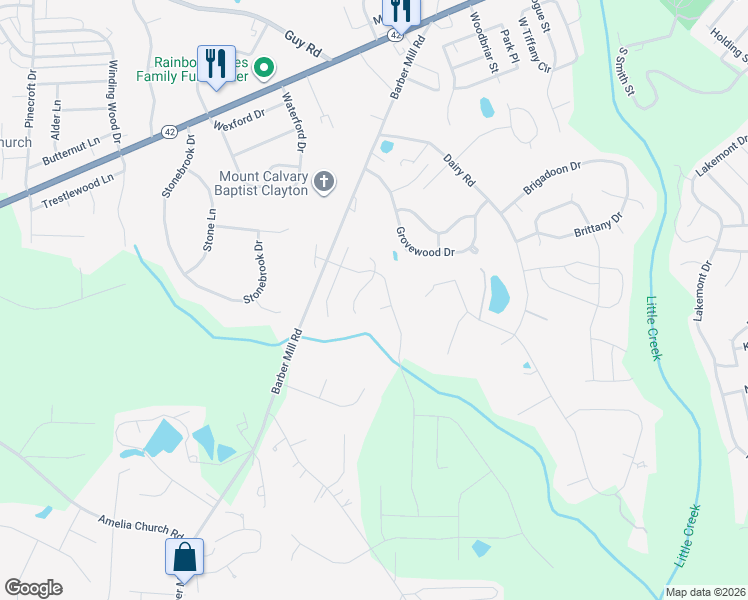 map of restaurants, bars, coffee shops, grocery stores, and more near 109 Shauna Circle in Clayton