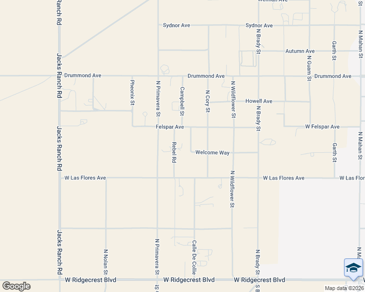 map of restaurants, bars, coffee shops, grocery stores, and more near 650 Rebel Road in Ridgecrest