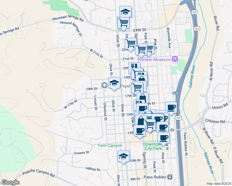 map of restaurants, bars, coffee shops, grocery stores, and more near 401 17th Street in Paso Robles