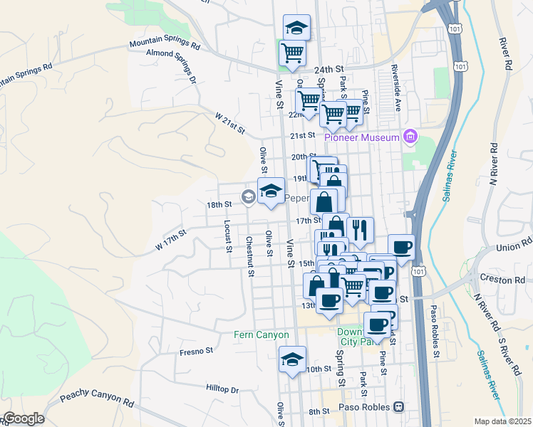 map of restaurants, bars, coffee shops, grocery stores, and more near 401 17th Street in Paso Robles