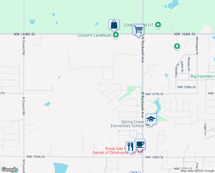 map of restaurants, bars, coffee shops, grocery stores, and more near 7400 Northwest 159th Circle in Edmond