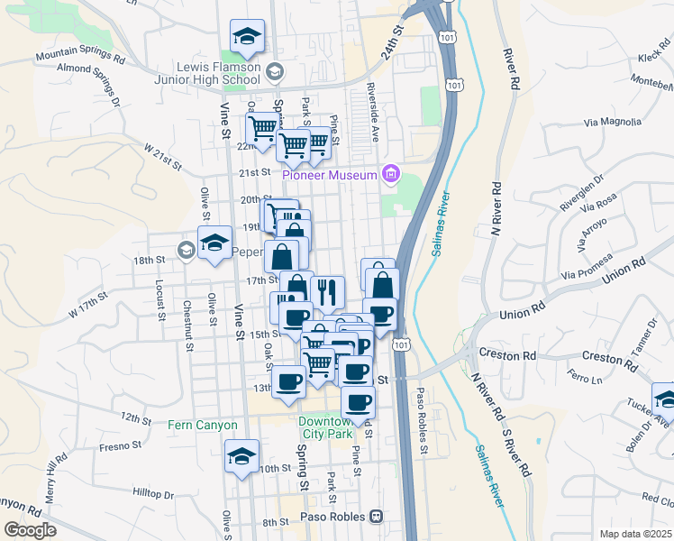 map of restaurants, bars, coffee shops, grocery stores, and more near 1722 Park Street in Paso Robles