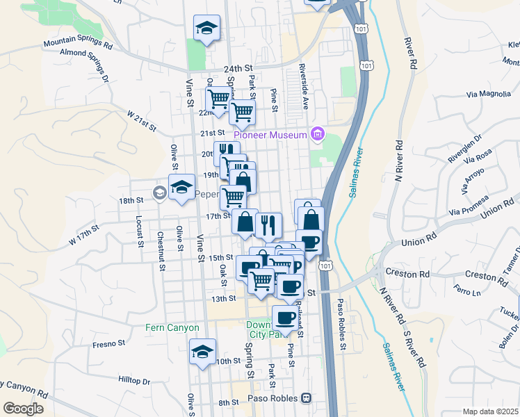 map of restaurants, bars, coffee shops, grocery stores, and more near 1722 Park Street in Paso Robles