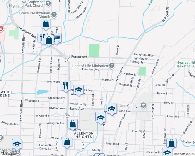 map of restaurants, bars, coffee shops, grocery stores, and more near 106 North Street in Jackson