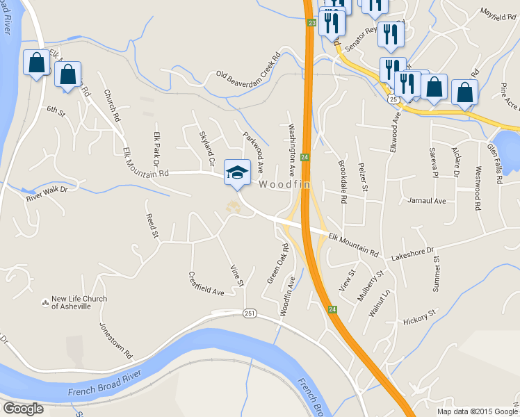 map of restaurants, bars, coffee shops, grocery stores, and more near 93 Elk Mountain Road in Asheville