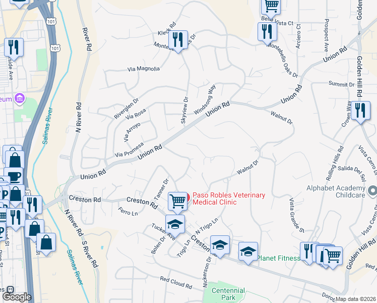map of restaurants, bars, coffee shops, grocery stores, and more near 715 Pino Way in Paso Robles