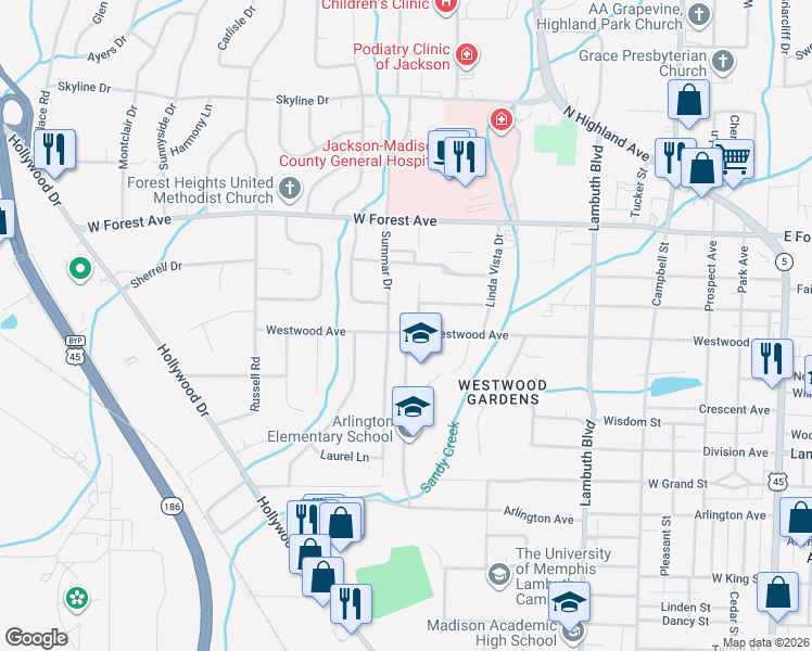 map of restaurants, bars, coffee shops, grocery stores, and more near 725 Westwood Avenue in Jackson