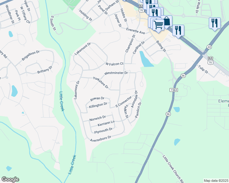 map of restaurants, bars, coffee shops, grocery stores, and more near 642 Yorkshire Drive in Clayton