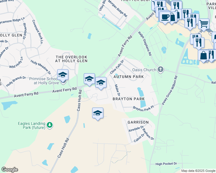 map of restaurants, bars, coffee shops, grocery stores, and more near 204 Cline Falls Drive in Holly Springs