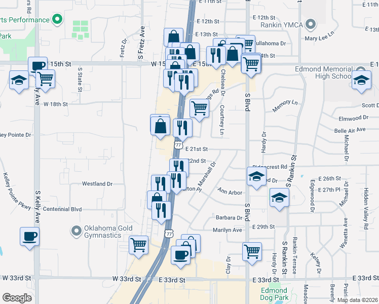map of restaurants, bars, coffee shops, grocery stores, and more near 10 East 21st Street in Edmond