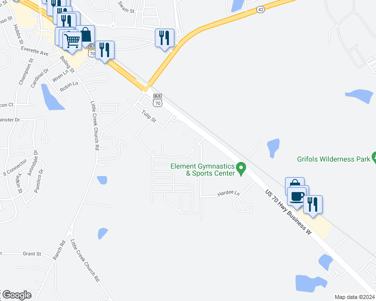 map of restaurants, bars, coffee shops, grocery stores, and more near 82 Buckhorn Branch Park in Clayton