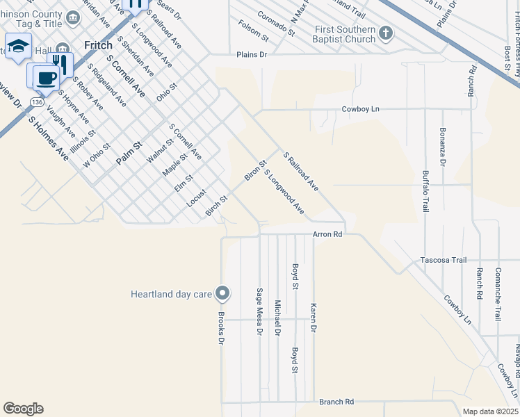 map of restaurants, bars, coffee shops, grocery stores, and more near South Cornell Avenue in Fritch