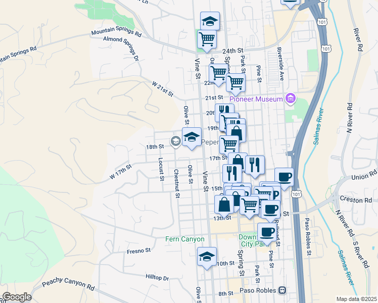 map of restaurants, bars, coffee shops, grocery stores, and more near 401 Vine Street in Paso Robles