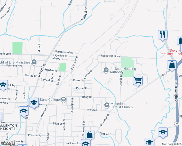 map of restaurants, bars, coffee shops, grocery stores, and more near 301 Lincoln Street in Jackson