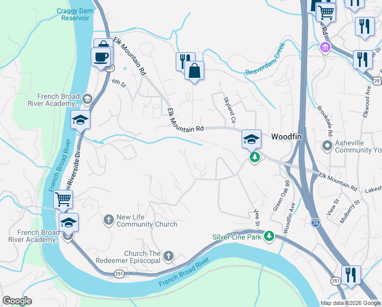 map of restaurants, bars, coffee shops, grocery stores, and more near 1011 Reed Street in Woodfin