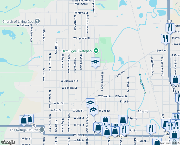 map of restaurants, bars, coffee shops, grocery stores, and more near 935 North Alabama Avenue in Okmulgee