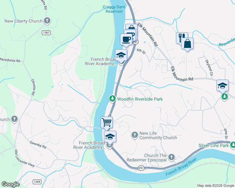 map of restaurants, bars, coffee shops, grocery stores, and more near 1641 Riverside Drive in Woodfin