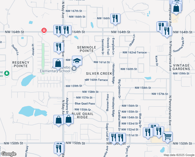 map of restaurants, bars, coffee shops, grocery stores, and more near 2625 Northwest 160th Terrace in Edmond