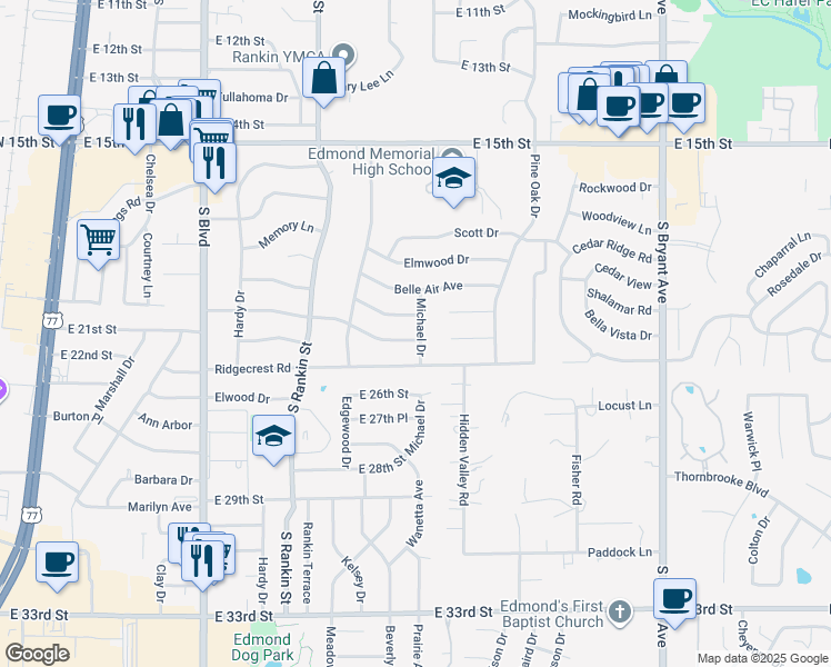 map of restaurants, bars, coffee shops, grocery stores, and more near 1921 Michael Drive in Edmond