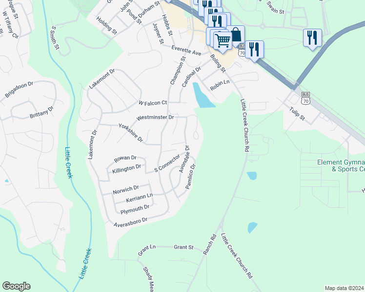 map of restaurants, bars, coffee shops, grocery stores, and more near 204 Tavistock Court in Clayton