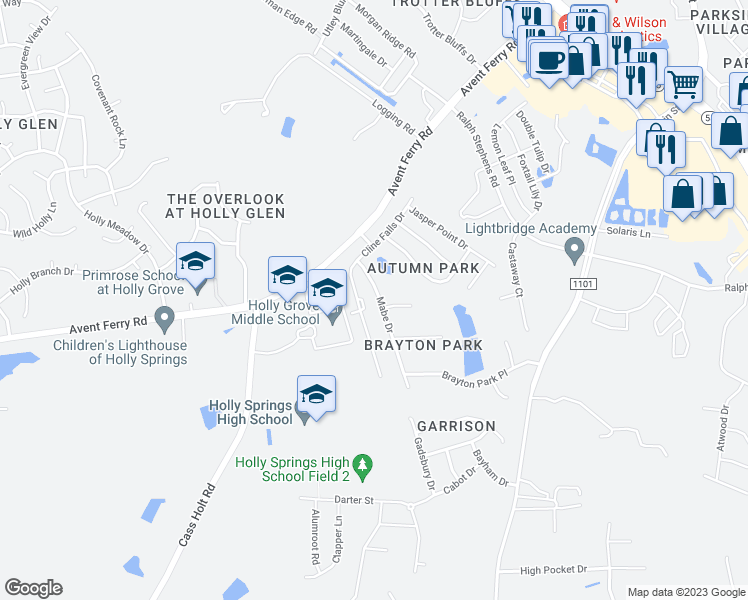 map of restaurants, bars, coffee shops, grocery stores, and more near 5140 Mabe Drive in Holly Springs