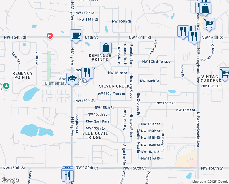 map of restaurants, bars, coffee shops, grocery stores, and more near 2625 Northwest 160th Terrace in Edmond