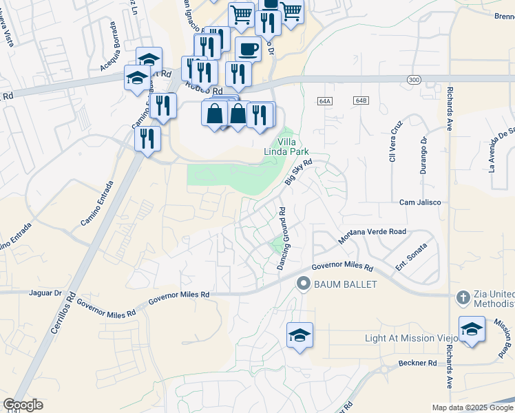map of restaurants, bars, coffee shops, grocery stores, and more near 4237 Big Sky Road in Santa Fe