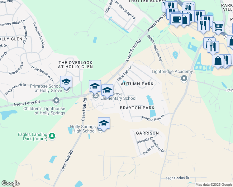 map of restaurants, bars, coffee shops, grocery stores, and more near 213 Cline Falls Drive in Holly Springs