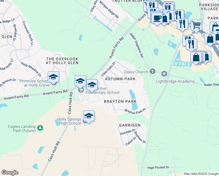 map of restaurants, bars, coffee shops, grocery stores, and more near 5149 Mabe Drive in Holly Springs