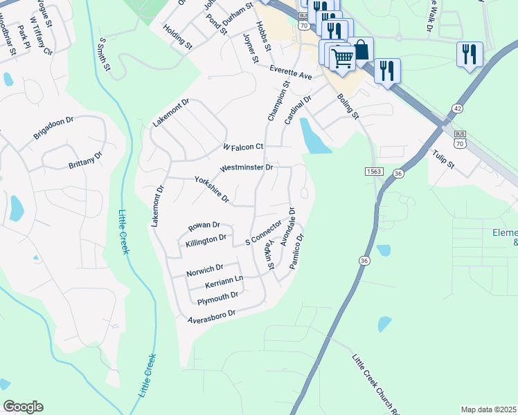 map of restaurants, bars, coffee shops, grocery stores, and more near 713 Champion Street in Clayton