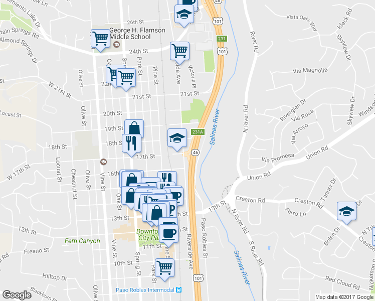 map of restaurants, bars, coffee shops, grocery stores, and more near 1720 Riverside Avenue in Paso Robles